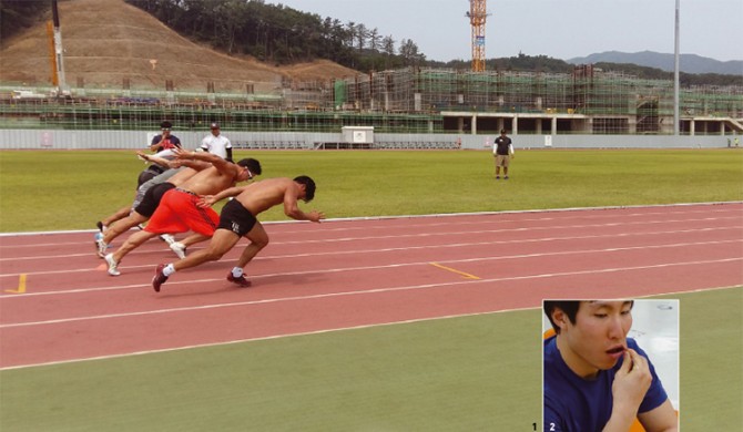 1. 스켈레톤과 봅슬레이 대표팀 선수들이 달리기 훈련을 하는 모습. 연구팀은 선수들이 부상 위험 없이 최상의 경기력을 발휘할 수 있도록 허벅지 앞뒤 부위의 근육량을 분석해 100대 70 비율을 유지하도록 조언했다. - 한국스포츠개발원 제공